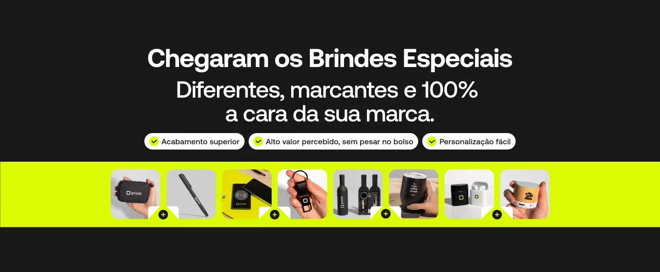Banner promocional para categoria de brindes especiais exibindo diversos produtos personalizáveis.
