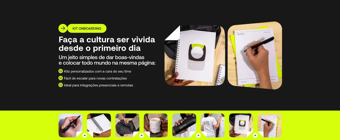 Banner promocional de kit de onboarding corporativo da Printi com fundo preto e destaque em verde-limão, apresentando materiais personalizados como caderno, bloco, caneta e itens de boas-vindas, com texto incentivando empresas a fortalecer a cultura organ