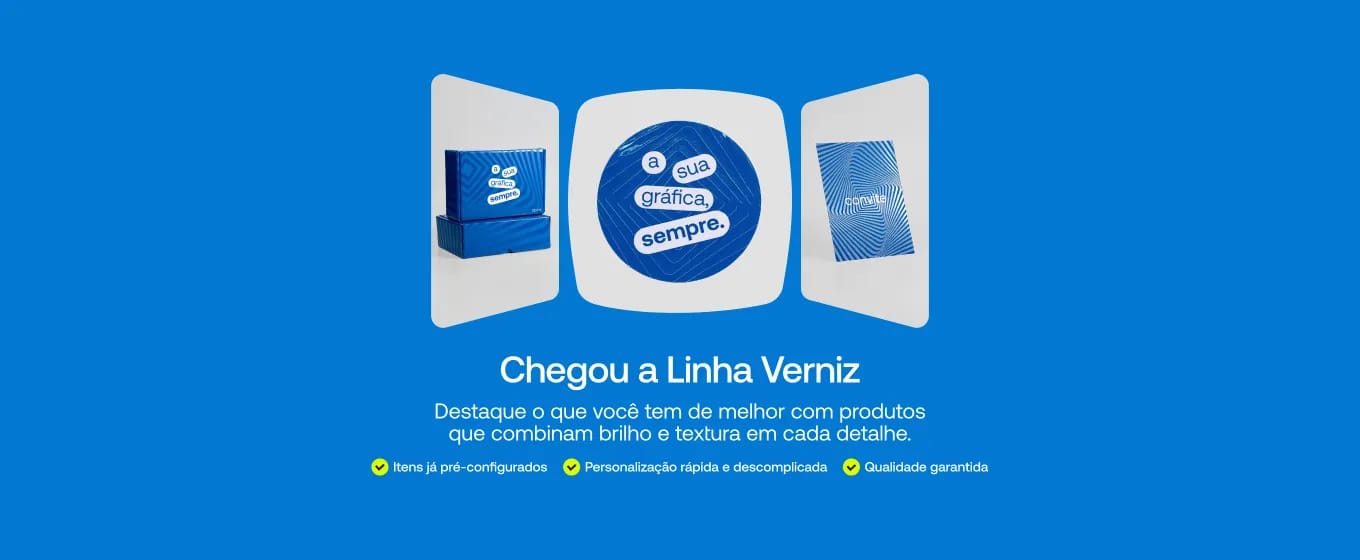 Banner promocional para linha verniz apresentando produtos azuis com acabamento brilhante.