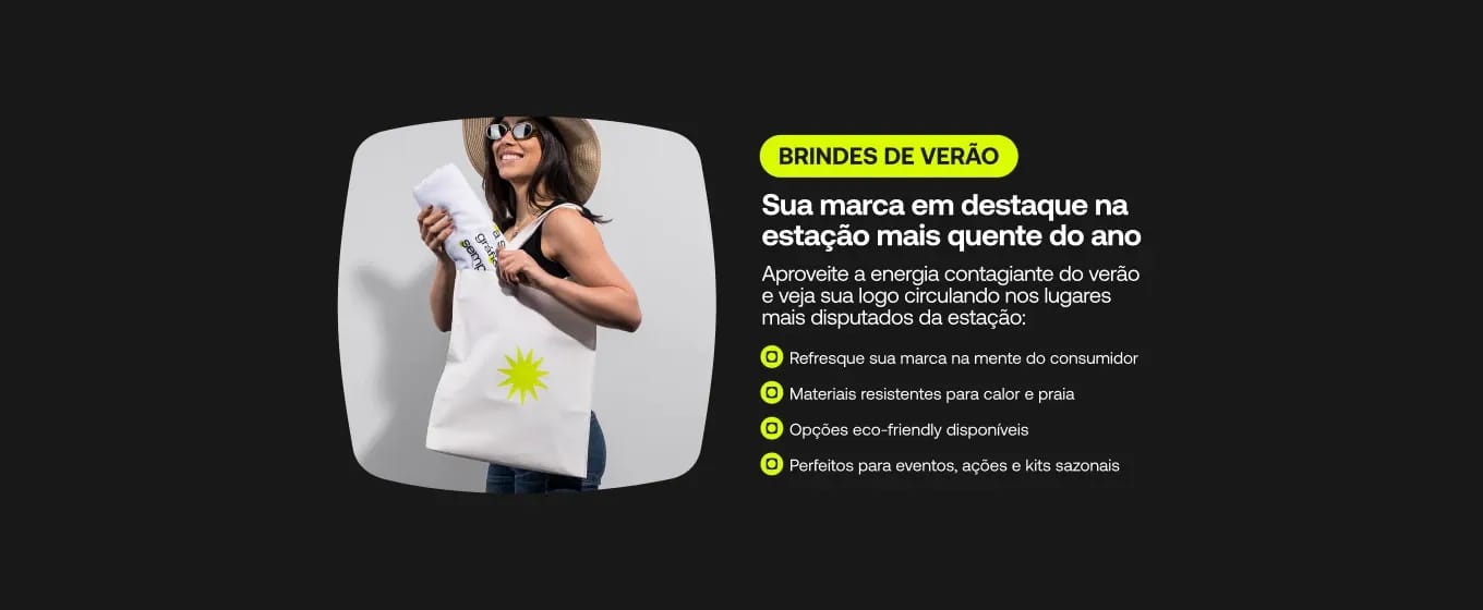 Banner de brindes de verão personalizados com ecobag, ideais para eventos, ações promocionais e kits sazonais.