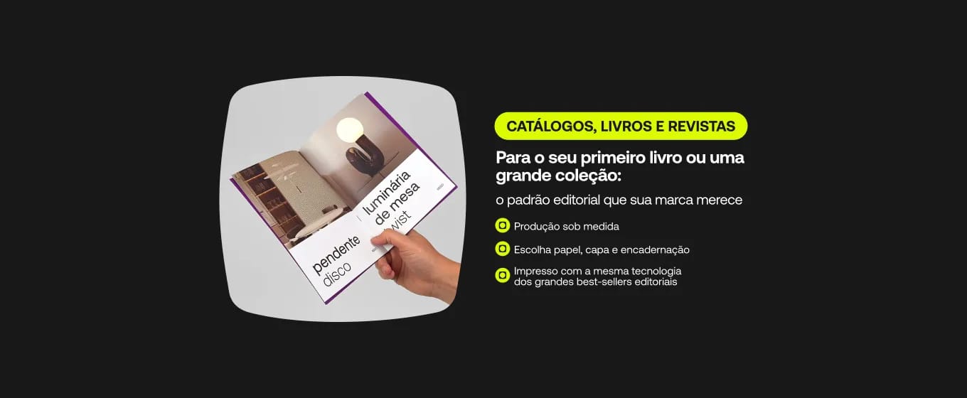 Banner promocional de catálogos, livros e revistas com mosaico de produtos e lista de benefícios editoriais.