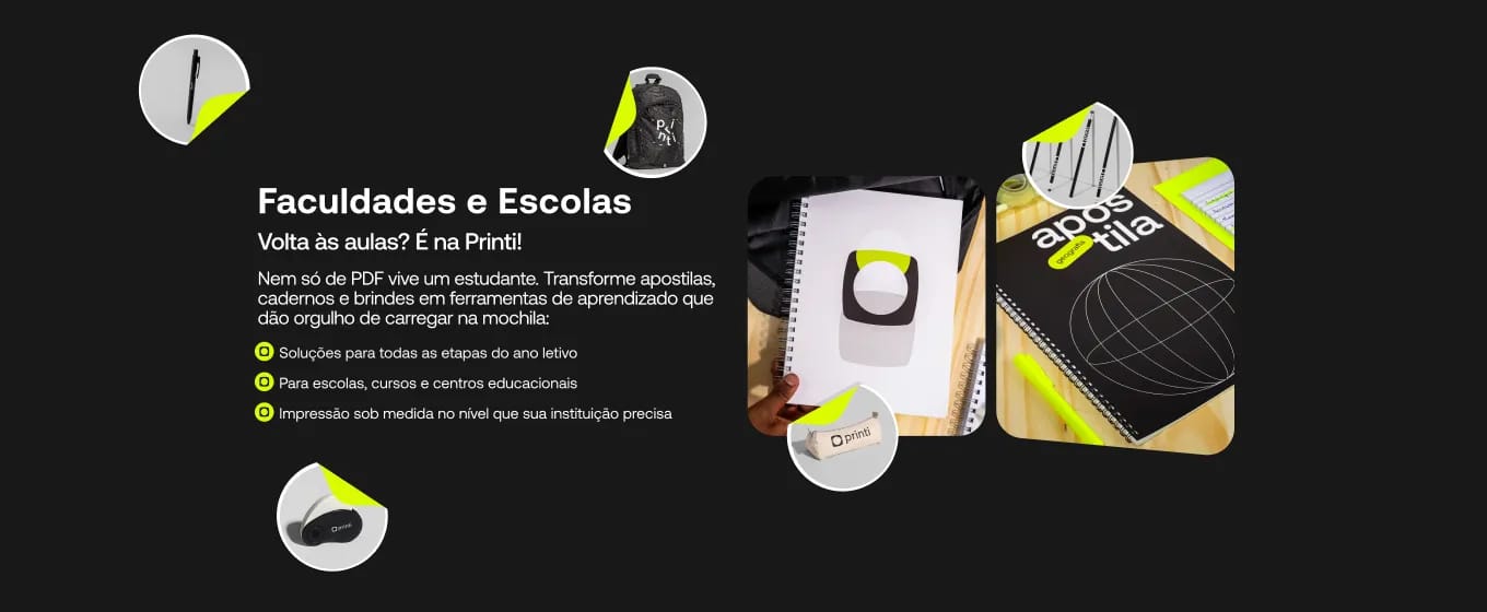 Banner promocional para faculdades e escolas com soluções de papelaria personalizada e brindes para volta às aulas.