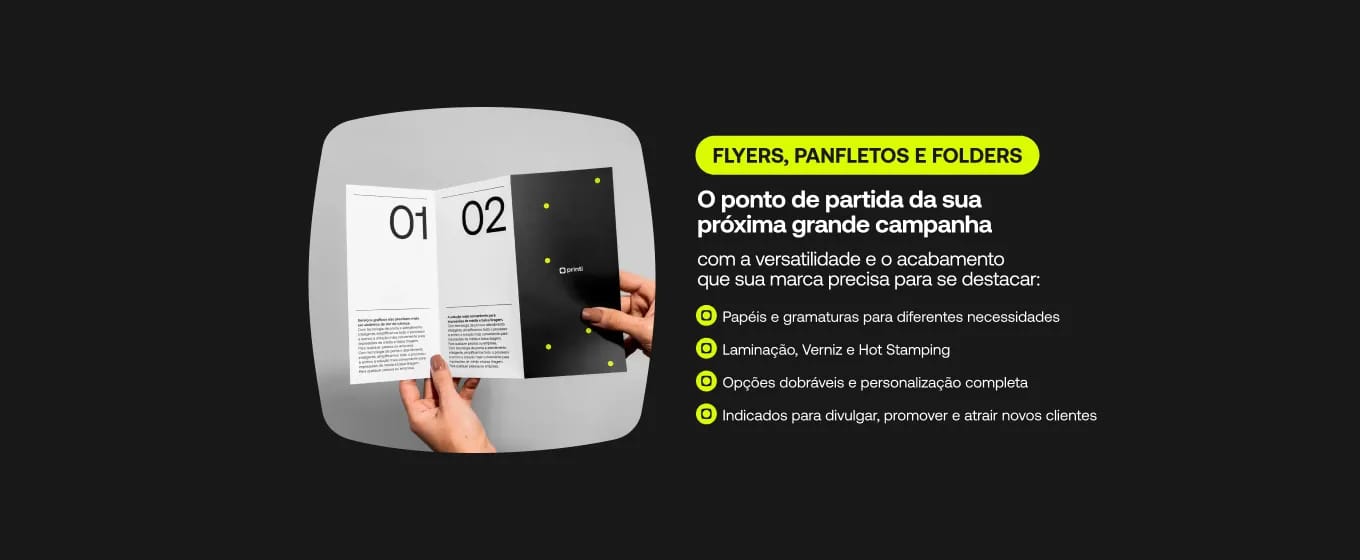 Banner promocional para flyers, panfletos e folders com mosaico de produtos e lista de acabamentos especiais.