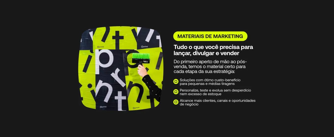 banner mostrando Materiais de marketing personalizados para divulgação, lançamento e vendas.