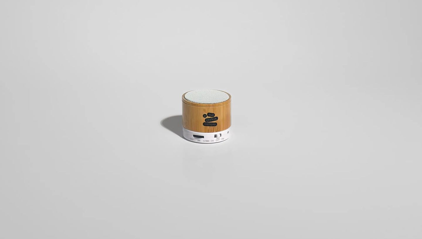 Caixa de som Bluetooth personalizada em bambu com microfone integrado e base metálica