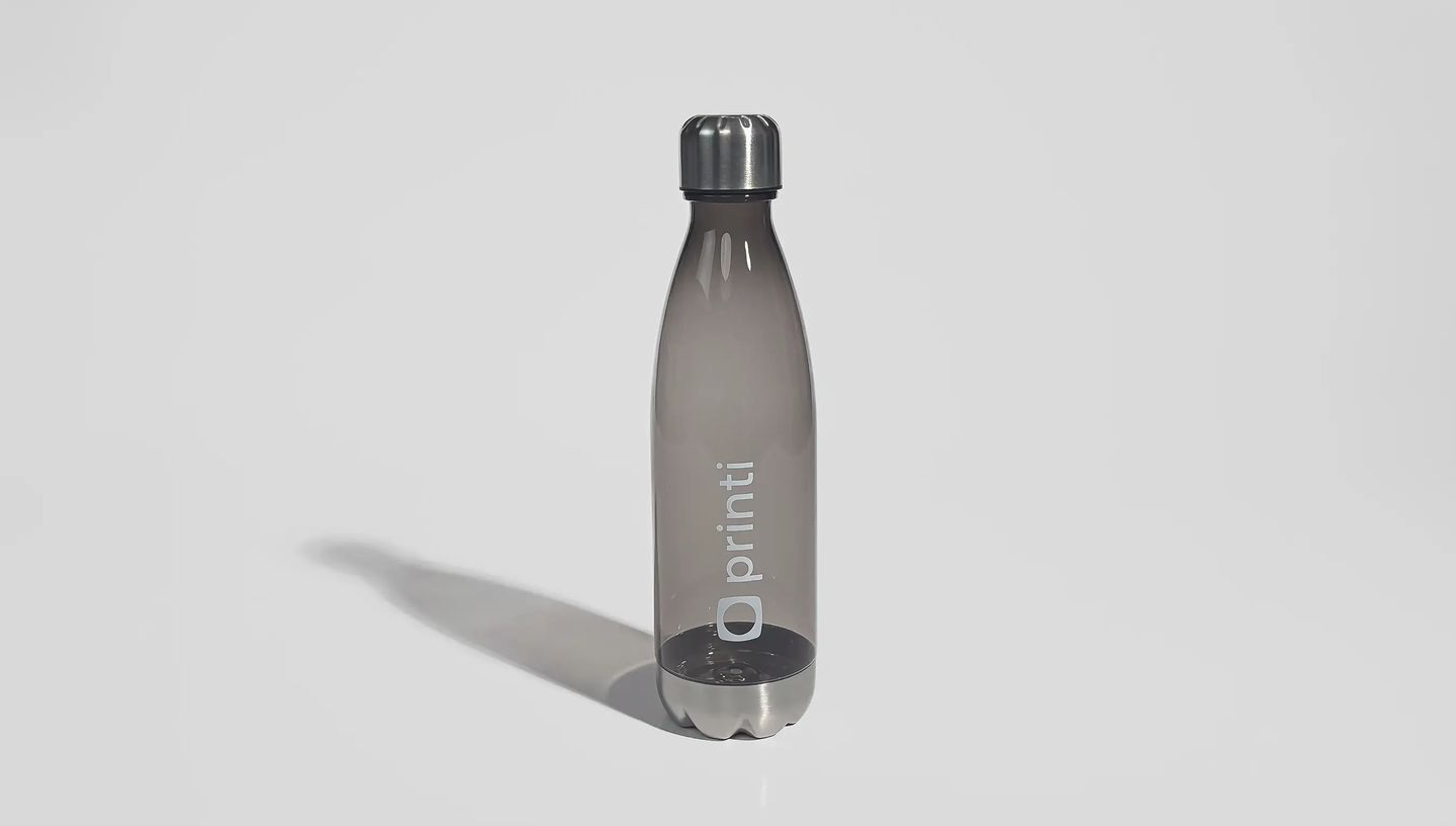 Squeeze acrílico transparente personalizado com tampa metálica rosqueável e logo Printi impresso.