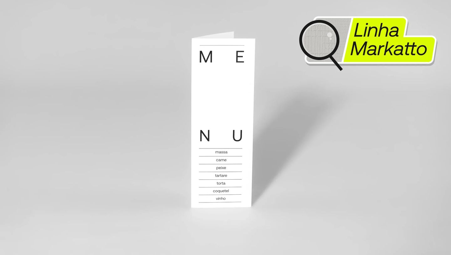 Cardápio de papel personalizado com uma dobra, impresso em papel da linha Markatto