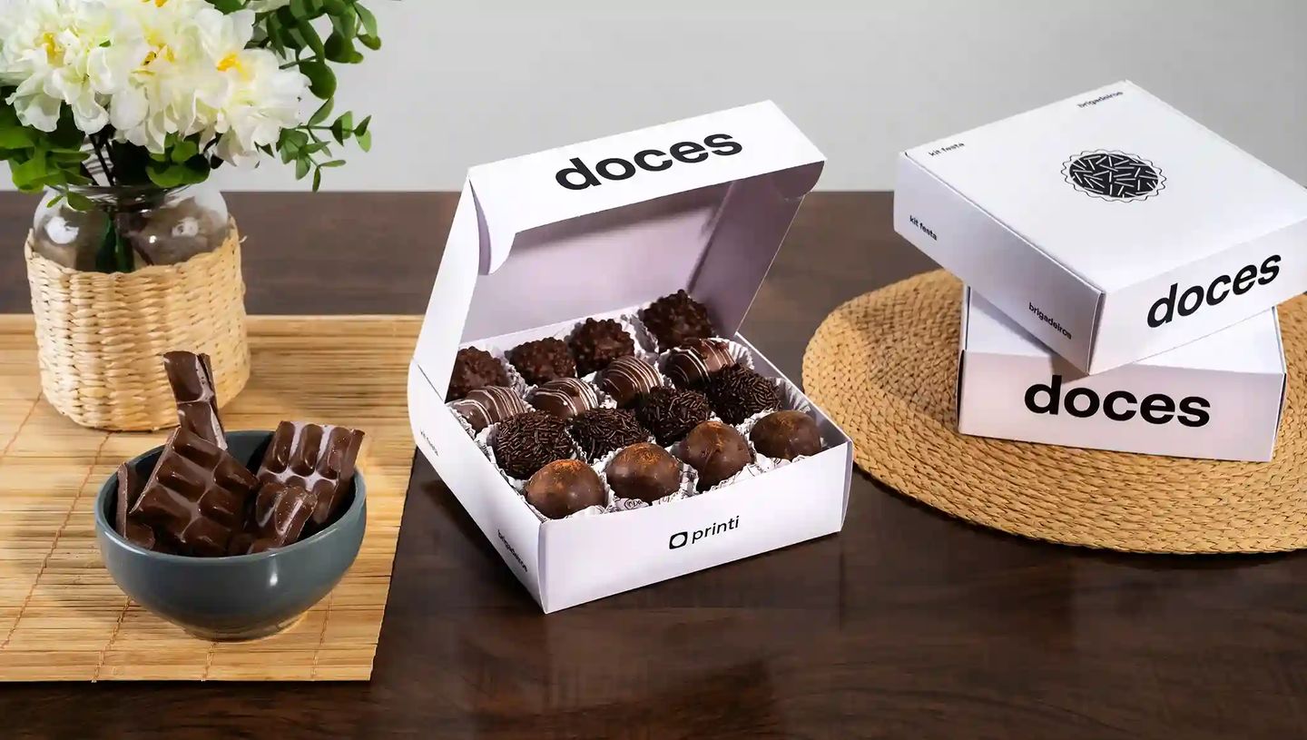 Embalagem personalizada para doces com brigadeiros e chocolates, caixa branca ideal para confeitaria, presentes e venda de doces.