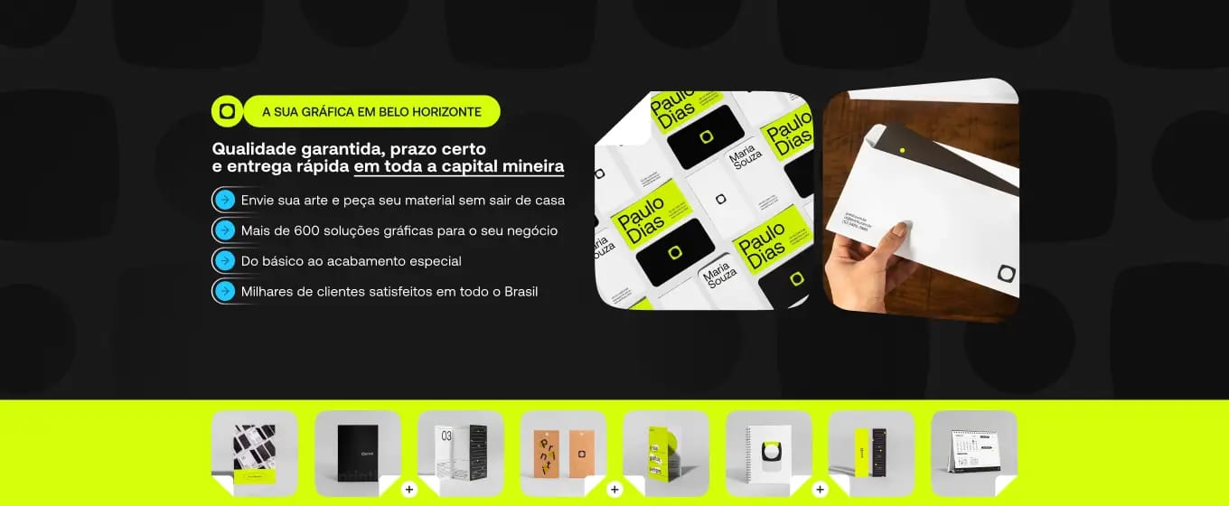 Banner da Printi para gráfica em Belo Horizonte com destaque para cartões de visita, envelopes personalizados e materiais gráficos profissionais com entrega rápida na capital mineira.