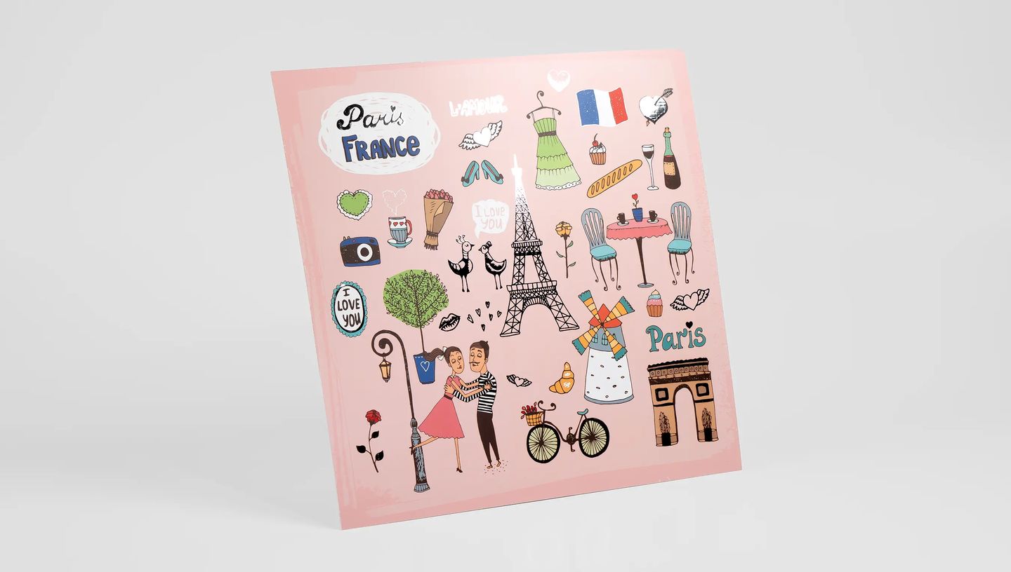 Papel scrapbook personalizado com ilustrações temáticas de Paris, ideal para artesanato, scrapbook, decoração e projetos criativos.