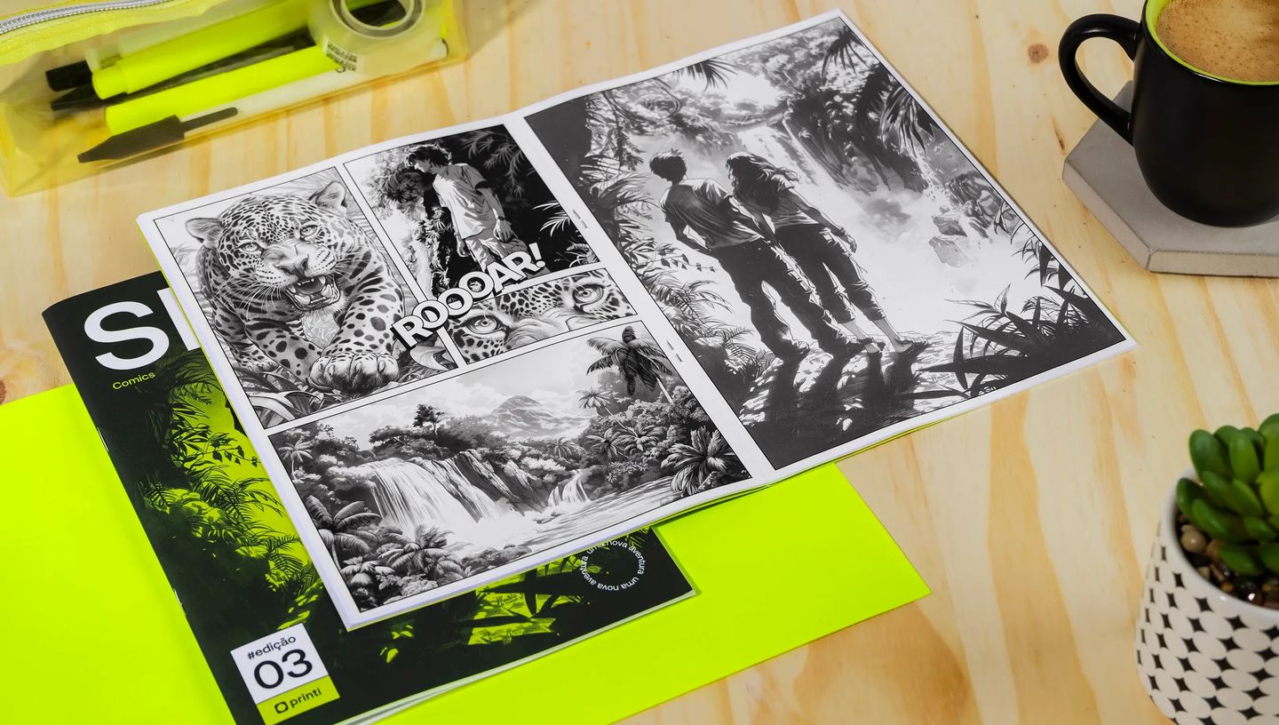 Revista em quadrinhos personalizada aberta sobre mesa de madeira ao lado de itens de cafeteria.