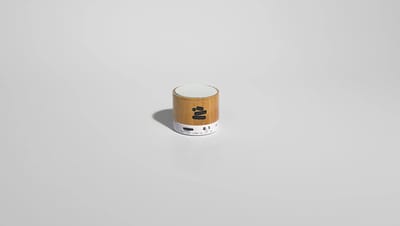 Caixa de som Bluetooth personalizada em bambu com microfone integrado e base metálica