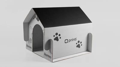 Casa de Gato de Papelão personalizada com telhado preto, ilustrações de patinhas e o nome 'Romeo' em layout funcional e minimalista.