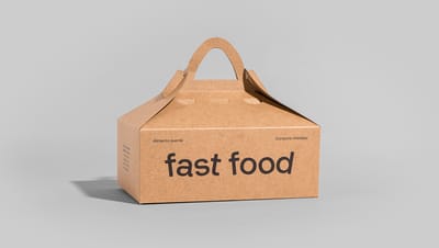 Embalagem para frituras com o nome fast food e fundo cinza