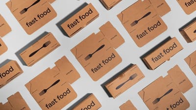 Embalagens para delivery de fast food em papel kraft, caixas personalizadas usadas para hambúrgueres, lanches e refeições.