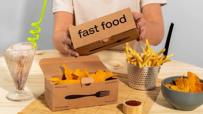 Embalagem para delivery em papel kraft personalizada com a frase 'fast food' e ilustrações de talheres.