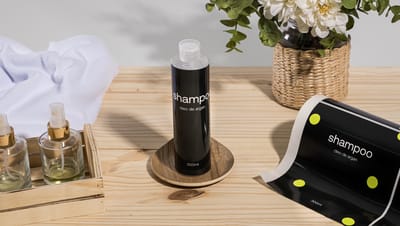 Frasco de shampoo com rótulo preto personalizado e detalhes em verde, ao lado do rolo de rótulo para shampoo, em ambiente de bancada com flores e frascos de perfume.