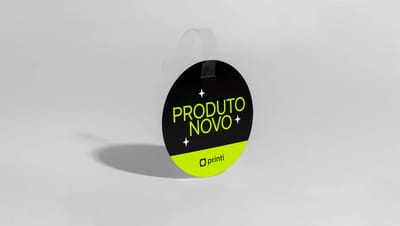 Wobler personalizado redondo preto e verde neon com o texto PRODUTO NOVO e logotipo centralizado.