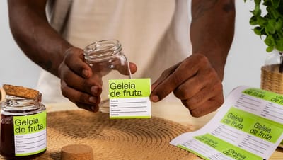 Pessoa aplicando etiqueta personalizada para geleia de fruta em pote de vidro, destacando o uso para rotulagem de alimentos e informações de validade.