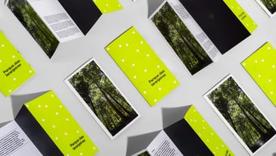 Composição de folders personalizados com 3 dobras da Printi espalhados em fundo cinza, exibindo design institucional e qualidade de impressão premium.