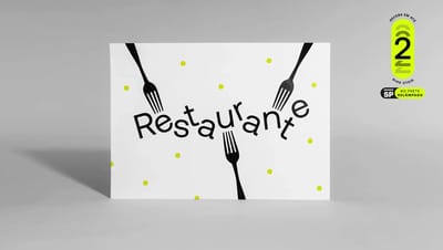 Papel bandeja personalizado com a palavra "Restaurante" em arco e ícones de garfos pretos sobre fundo branco com detalhes em verde e com selo de entrega em até 2 dias úteis.