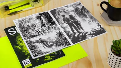Revista em quadrinhos personalizada aberta sobre mesa de madeira ao lado de itens de cafeteria.