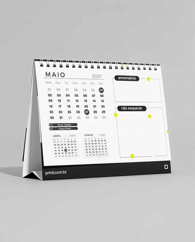 Calendário de mesa 2027 personalizável, ideal para ações promocionais. A Printi oferece layouts variados e acabamentos de qualidade. Escolha a melhor opção e, se optar por layout padrão ou parcial, consulte o gabarito.