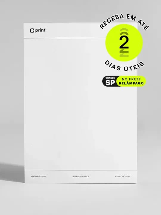 Papel timbrado personalizado da Printi: para empresas e escolas, com identidade visual, sob medida e cálculo de preço instantâneo.
