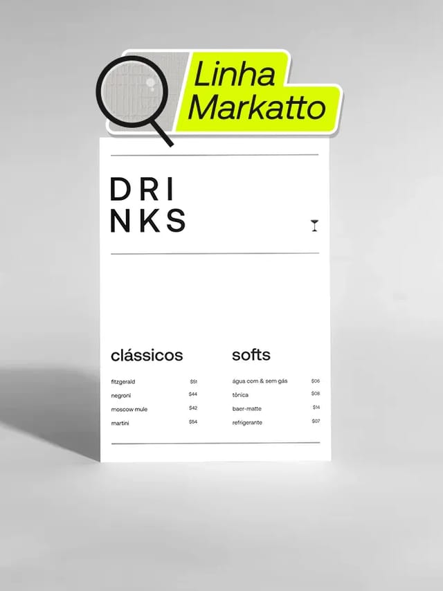Cardápio sem dobra em papel Markatto, resistente e com acabamento sofisticado. Ideal para restaurantes e cafeterias que buscam qualidade e durabilidade na apresentação do menu.